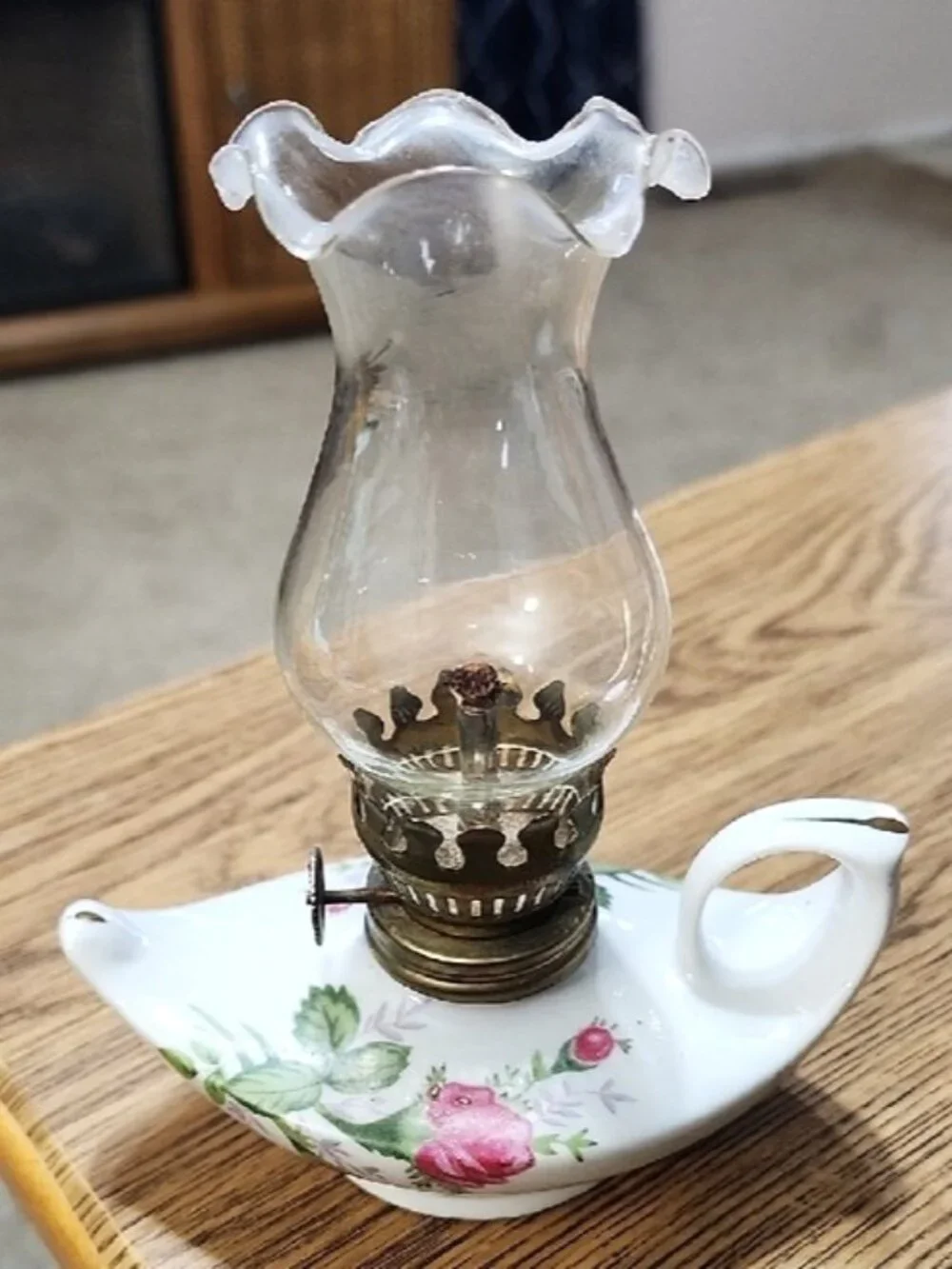 2 Hurricane Kerosine oil lamps pair Porcelain Pink Roses gold trim white lantern